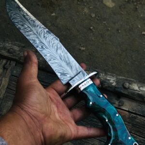 Handmade 14" Damascus Steel Knife with feather pattern blade, steel guard, and exquisite resin handle.”
MZ:15