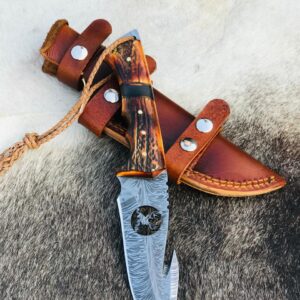 Handmade 11" Damascus Steel Feather Pattern Gut Hook Knife with Deer on Blade With Antler Handle
MZ:11
