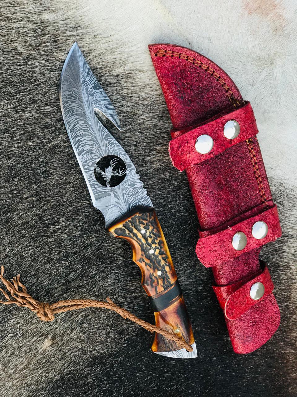 Handmade 11" Damascus Steel Feather Pattern Gut Hook Knife with Deer on Blade With Antler Handle
MZ:11 - Image 2