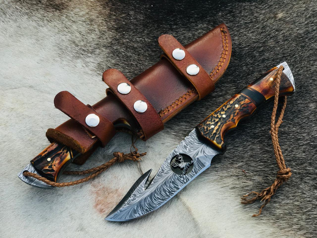 Handmade 11" Damascus Steel Feather Pattern Gut Hook Knife with Deer on Blade With Antler Handle
MZ:11 - Image 3