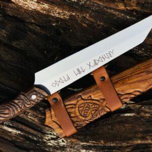 Handmade Bowie Viking-Style Knife, featuring a meticulously hand-engraved wooden handle and a matching wooden scabbard. 
MZ:13