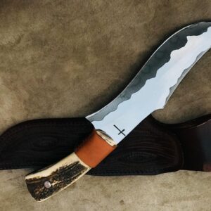 Custom Forged Field Knife, Antler Handle with Leather Spacer