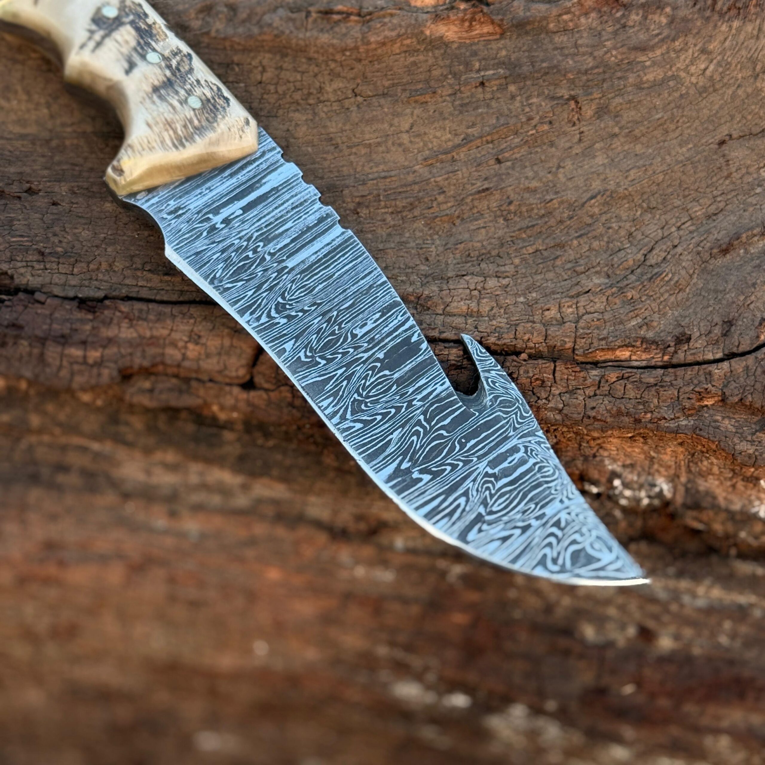 Handcrafted 11″ Damascus Gut Hook Knife with Bone, Stone & Sheep Horn Handle
MZ:20 - Image 5