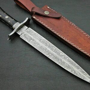 14" Handmade Damascus Feather Dagger, Micarta Handle