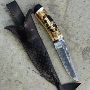 Handmade Stainless Damascus Steel Hunter Knife with Antler Handle & Leather Sheath
MZ:47