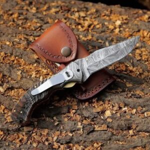 Ram Horn Damascus Folding Knife with Leather Sheath
MZ:49